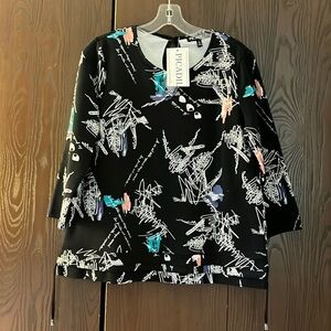 Picadilly 3/4 sleeved black with artistic flair. Size Small. NWT